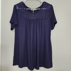 Yidarton Medium Blouse Top Round Neck Dark Blue Short Sleeve Lace Detail Y2K
